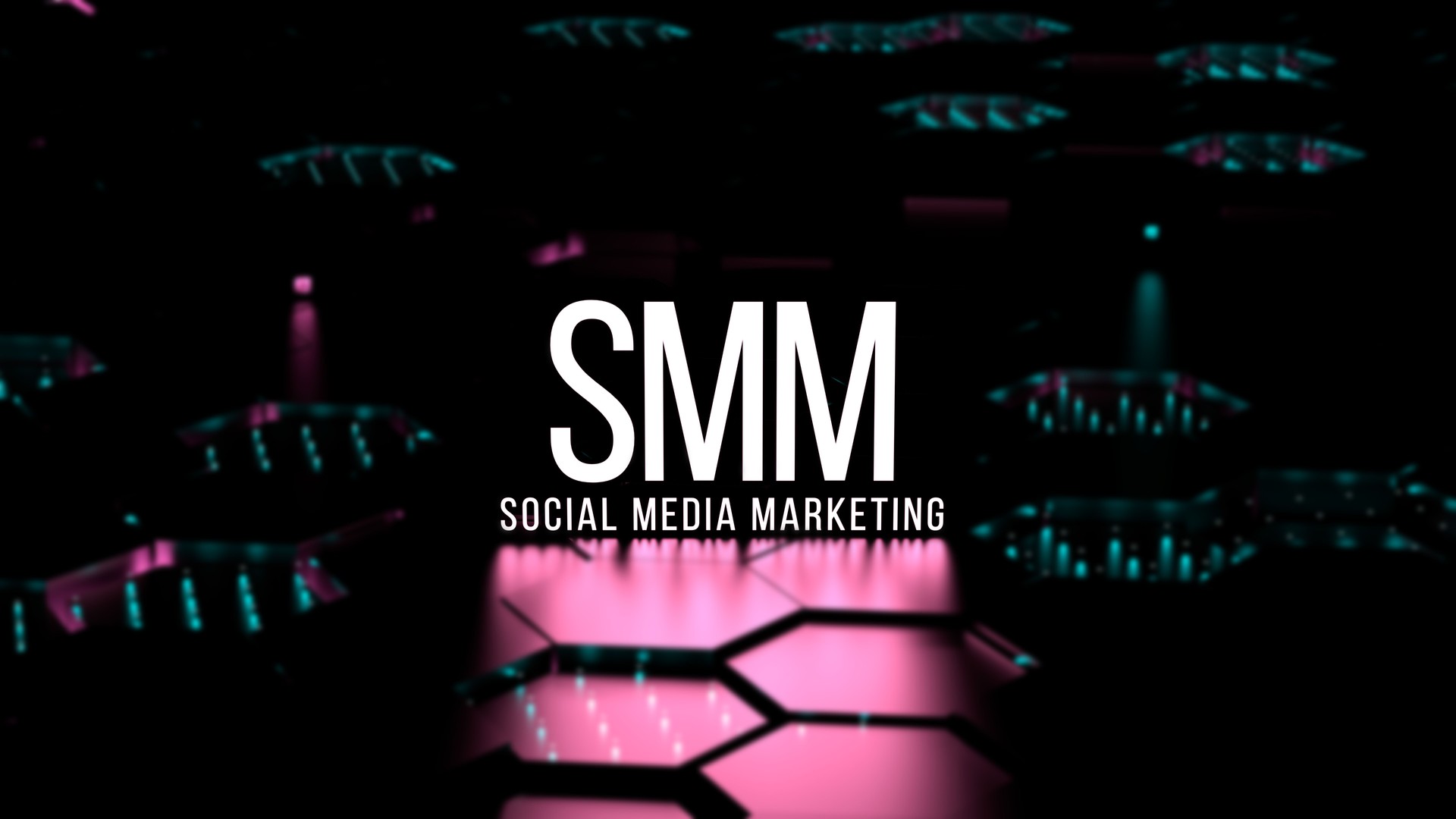 SMM Social Media Marketing text,glowing neon word, on a digitally blurred background. SMM business concept,wallpaper.3D render
