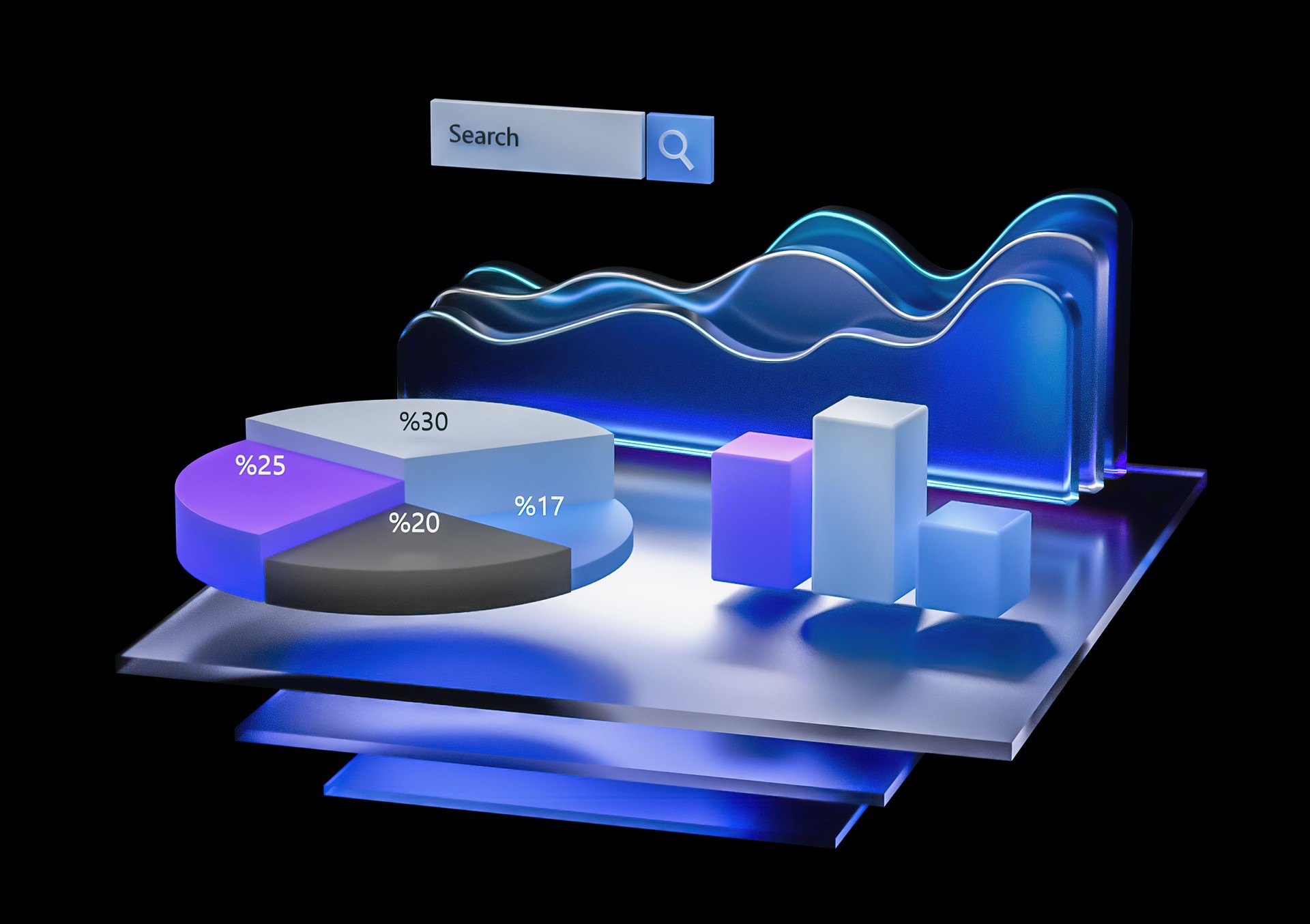 3D minimalist illustration with business graph and analytics data on isometric. Online statistics and data Analytics. Isolated on black background